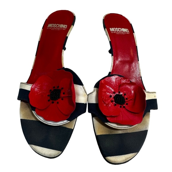 Moschino Vintage Y2K Poppy Floral Striped Kitten Heel Mules Slides Sandals Shoe - Picture 2 of 16